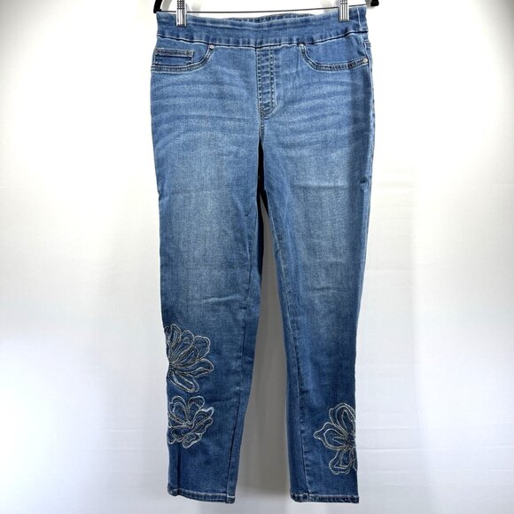 Chicos Pull On Jeggings Ankle Jeans Size 1 US 8 Embroidered Floral Stretch Blue - Picture 1 of 8